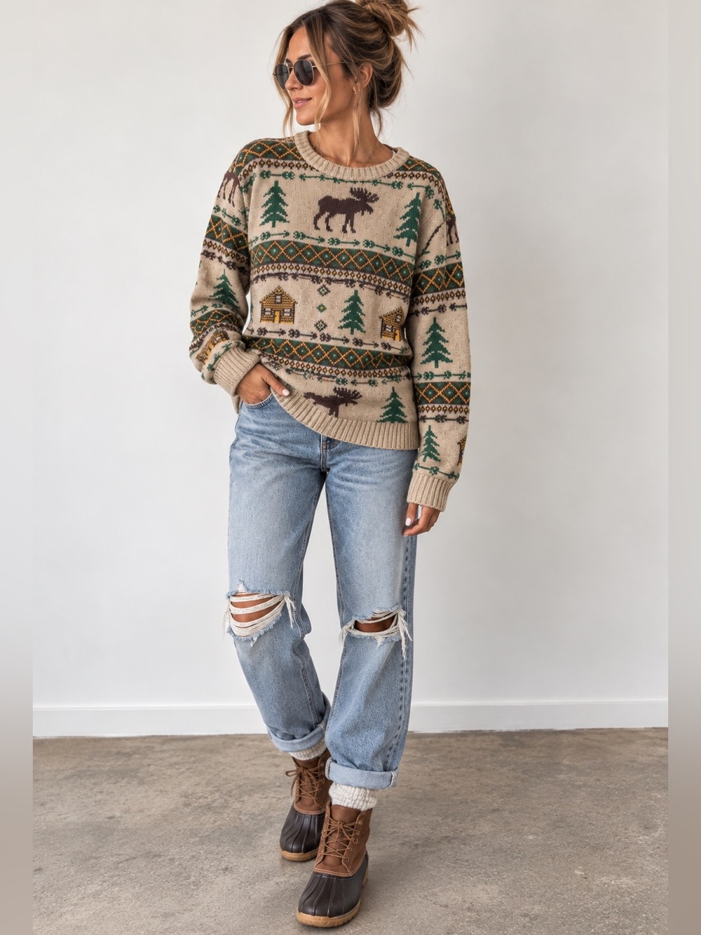 Kiel James Patrick Beige Cabin Moose Knit Sweater Medium